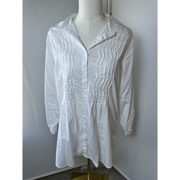 Chicos Top White Pleat Long sleeve Roll Up Shirt Tunic Large 2 Cotton Spandex - Picture 3 of 7